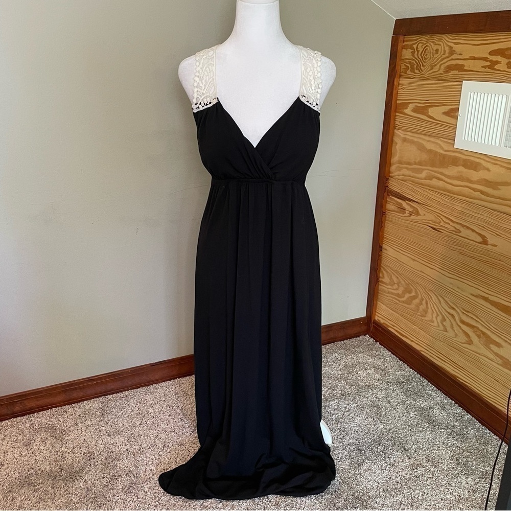 Allison Brittney Black White Lace Crochet Back V-Neck Maxi Dress Small - Picture 2 of 9